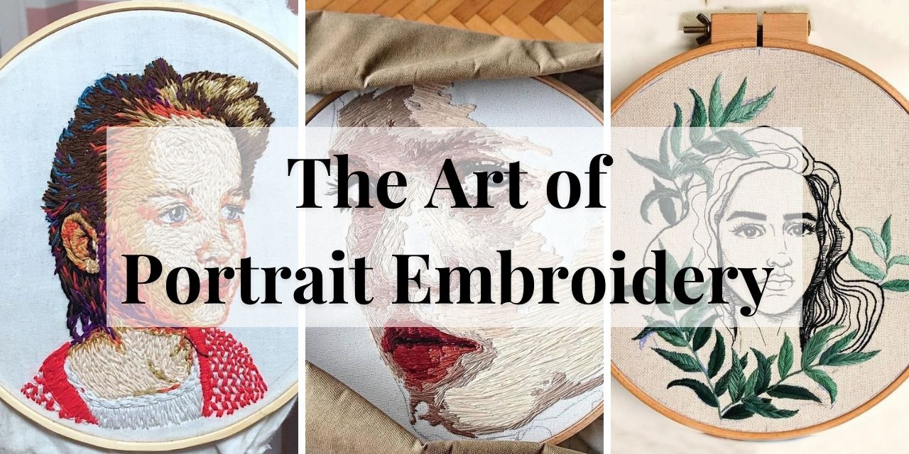 Image describing the art of portrait with embroidery designs picture in the background